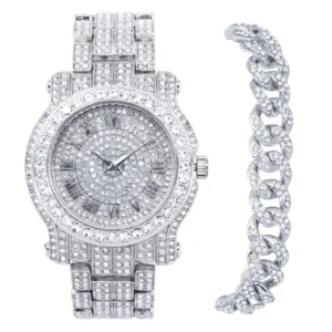 Luxury Men's Iced Diamond Quartz Watch with Roman Dial & Adjustable Blinged-Out Metal Strap - Silver Watch & Bracelet Set