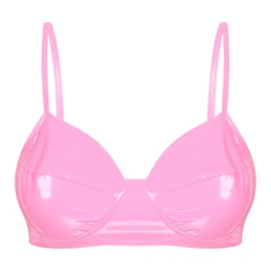 Womens Sexy Lingerie Shiny Wetlook Leather Harness Bra Fashion Black Wire-Free No Pad Bra Top Erotic Lingerie Underwear Clubwear