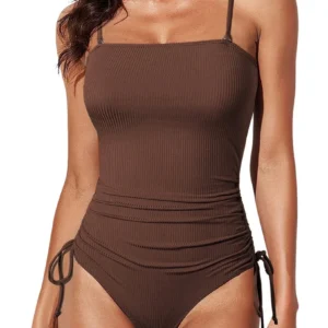 Bathing Suits Ribbed One Piece Swimsuits for Women Tie Side Bathing Suits Tummy Control Swim Suit Ruched Drawstring Square Neck Swimming Suits Swimwear Pink XL